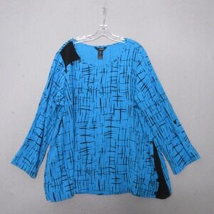 Ali Miles Top Tunic Plus 2X Blue Black Abstract Crinkle Artsy Roll Tab Sleeve